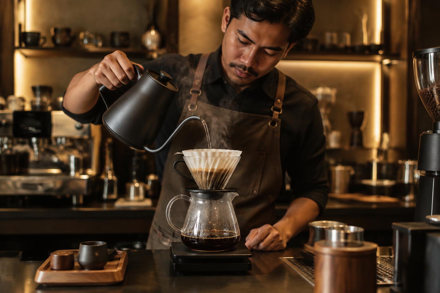 Barista menyeduh kopi dengan metode pour over
