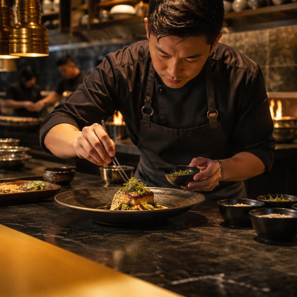 Chef menyiapkan hidangan dengan detail