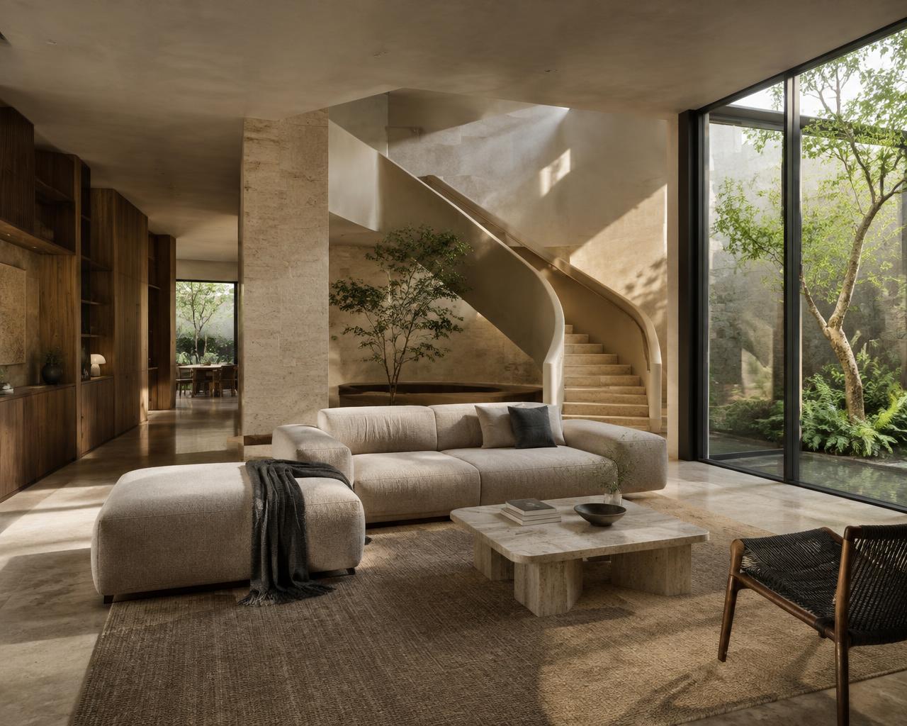 Visual konsep interior rumah modern dengan material alami
